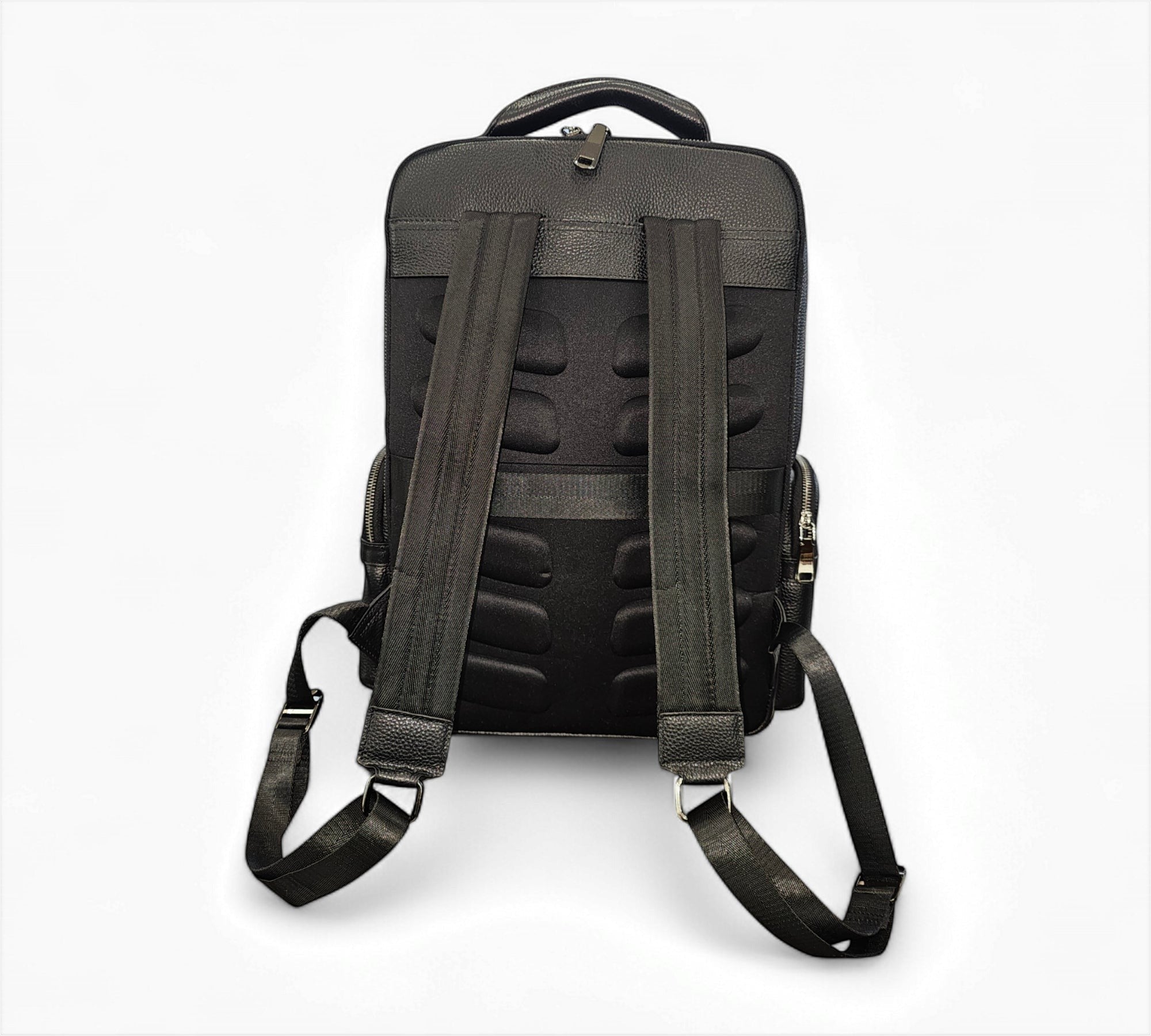 Barcon Getta Inc black full grain leather backpack with padded straps and laptop compartment.