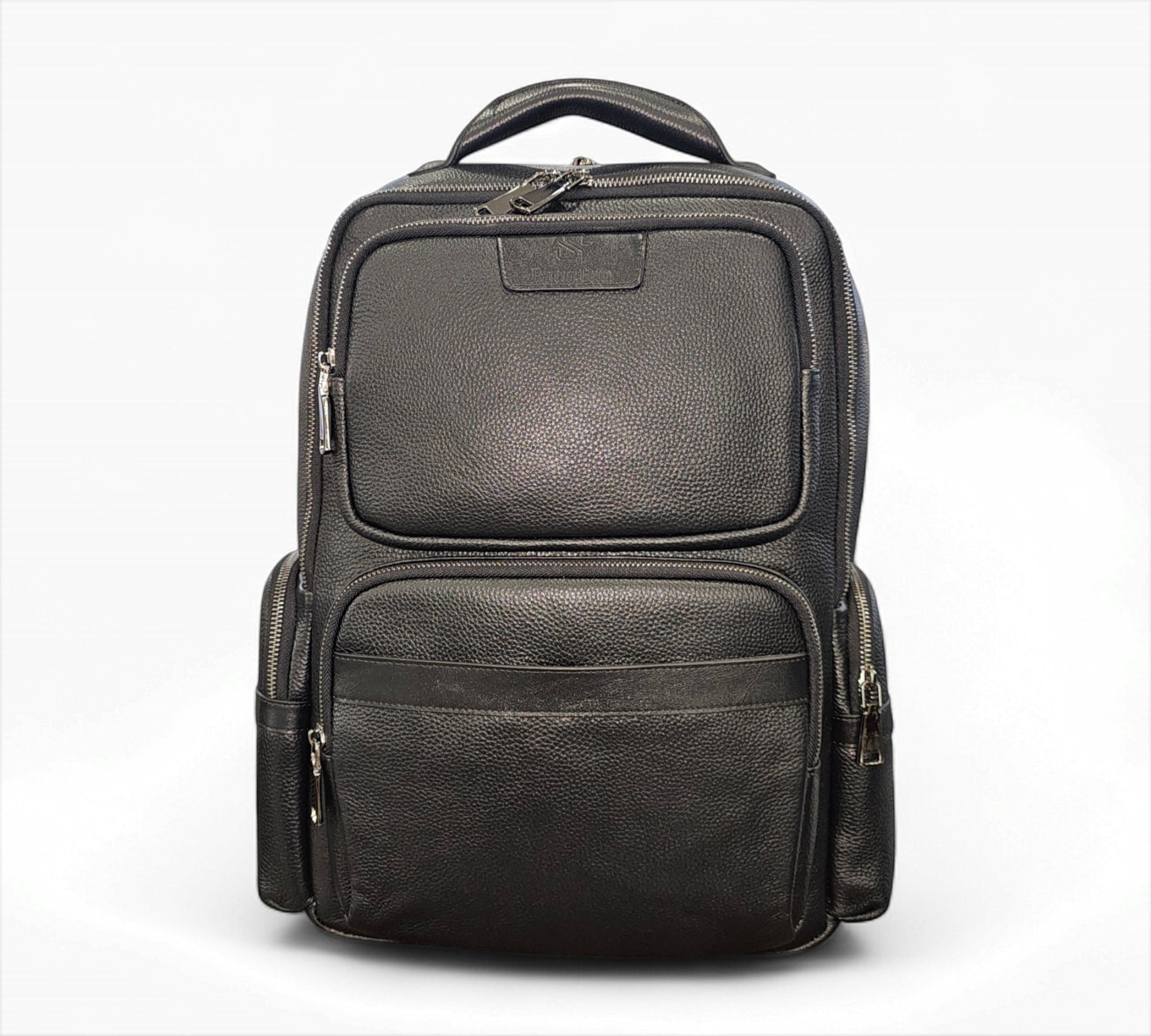 Barcon Getta Inc black full grain leather backpack with multiple zippered pockets and padded straps for laptops up to 16 inches.