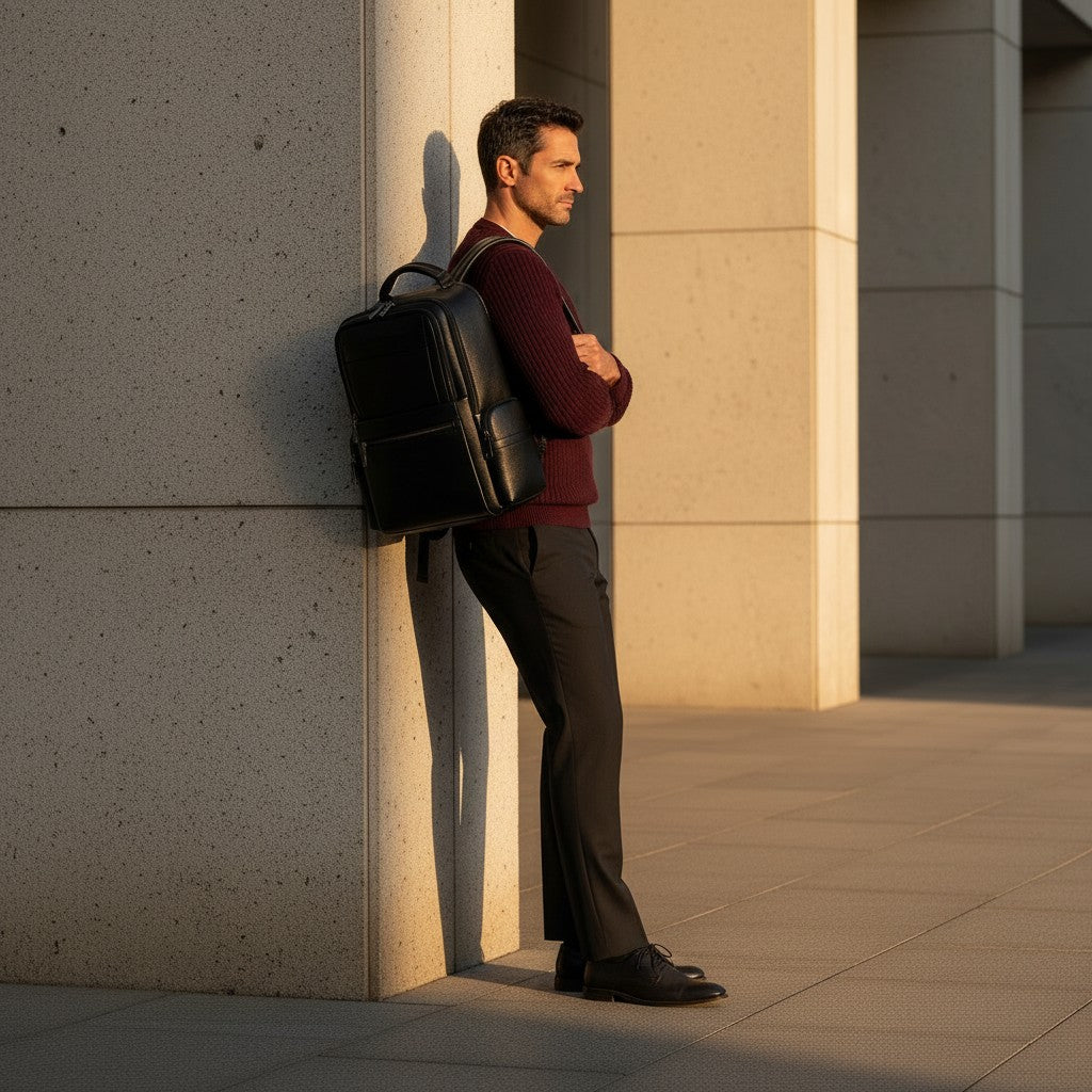 Barcon Getta Inc black full grain leather backpack with laptop compartment and breathable straps.