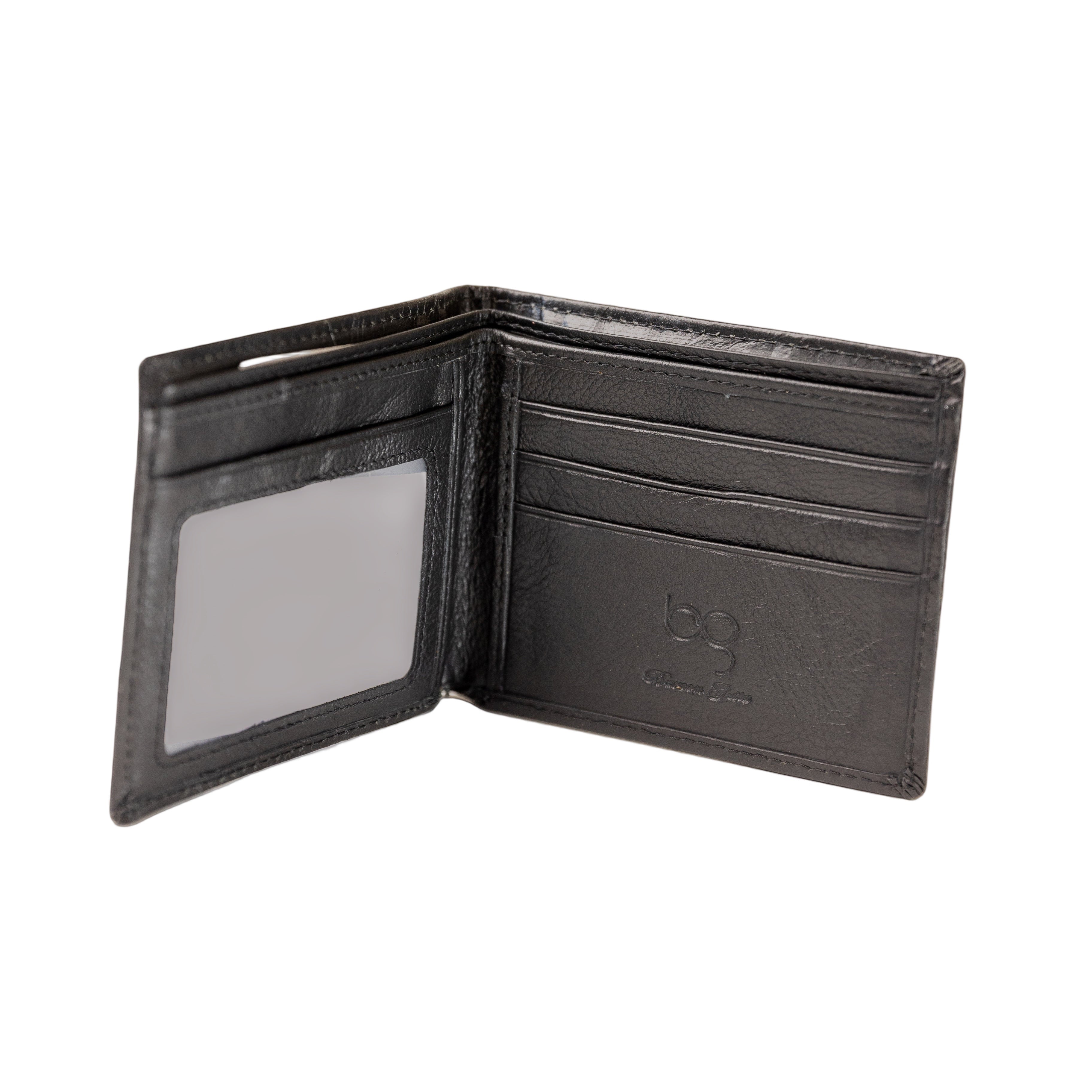 Barcon Getta Inc black textured bifold wallet made of Ethiopian leather with 4 card slots, 1 ID window, and 2 money slots.