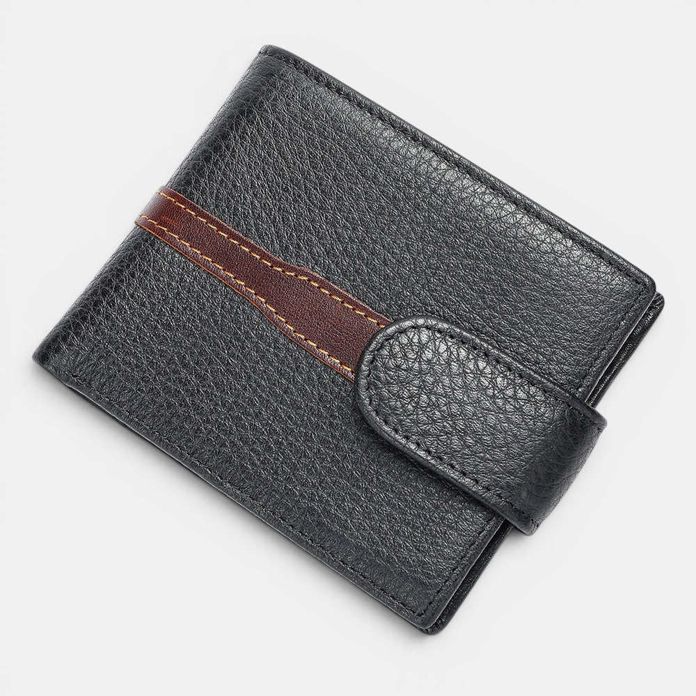 Barcon Getta Inc black full grain leather bifold wallet with brown accent strap and snap closure. Features 8 card slots, bill compartments, and ID window.