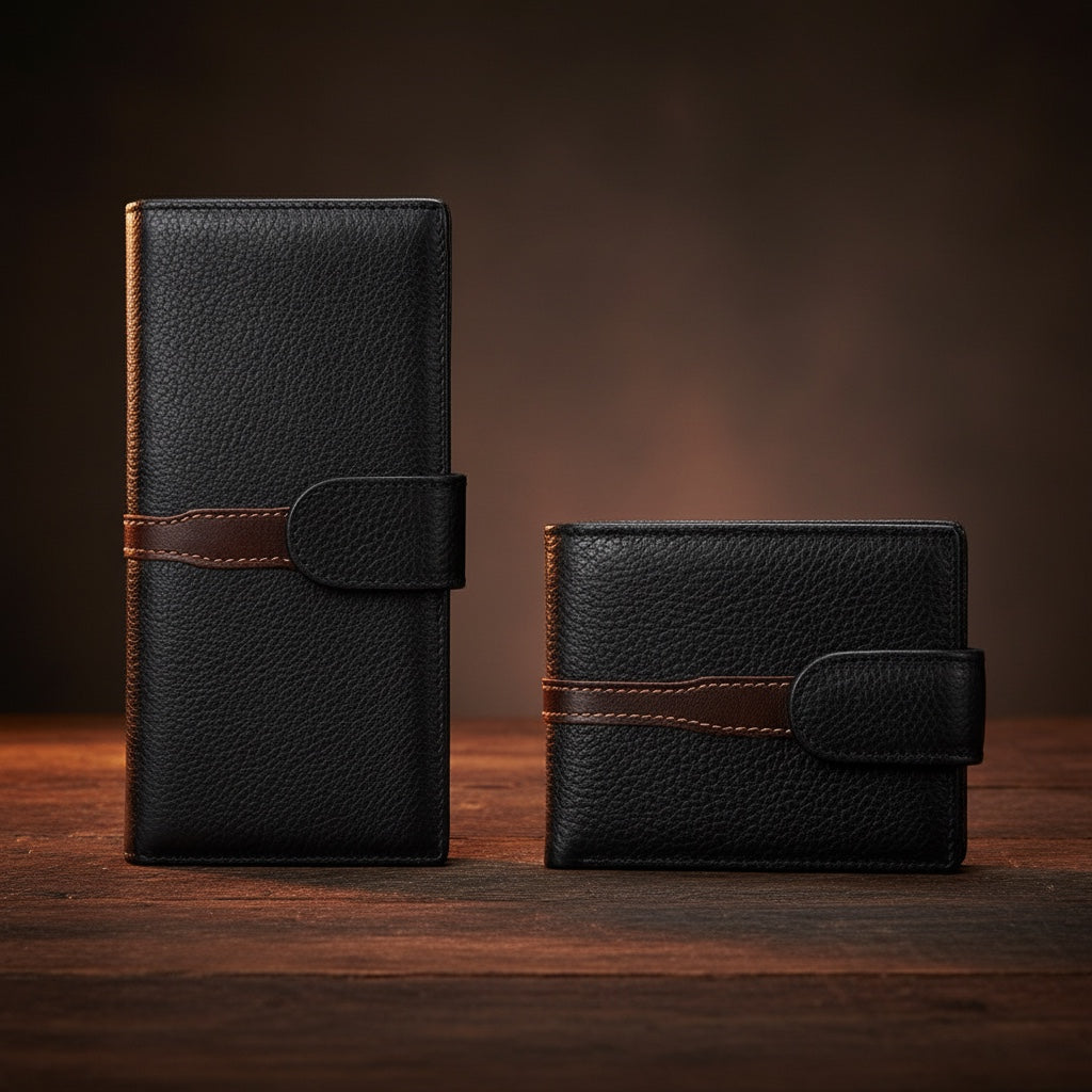 Barcon Getta Inc black full grain leather bifold wallet with brown accent strap, 8 card slots, bill compartments, ID window.