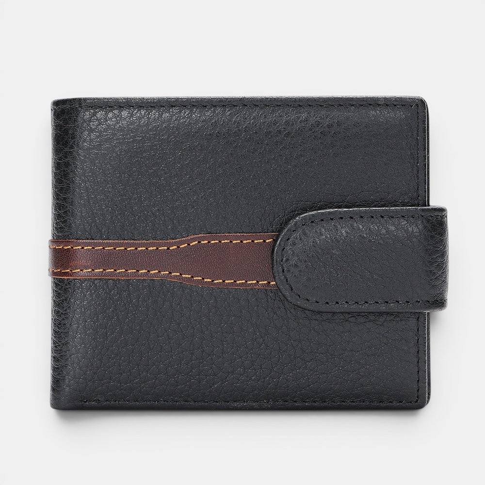 Barcon Getta Inc black full grain leather bifold wallet with brown accent strap and snap closure. Features 8 card slots, bill compartments, and ID window.