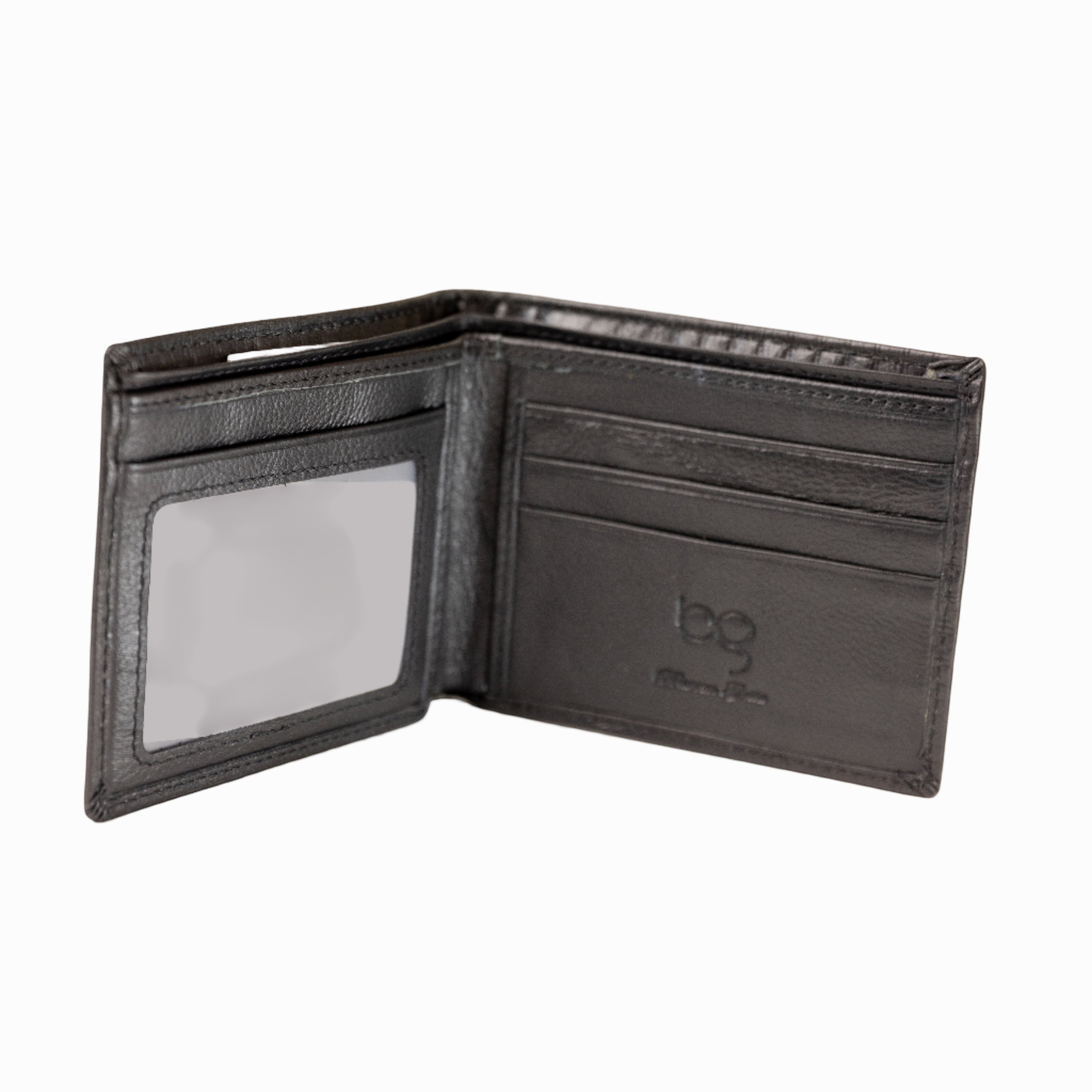 Barcon Getta Inc black textured bifold wallet made of Ethiopian full grain calf leather with multiple card slots and ID window.