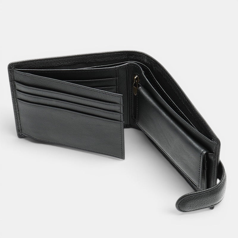 Barcon Getta Inc black full grain leather bifold wallet with 9 card slots, bill compartments, and snap closure.