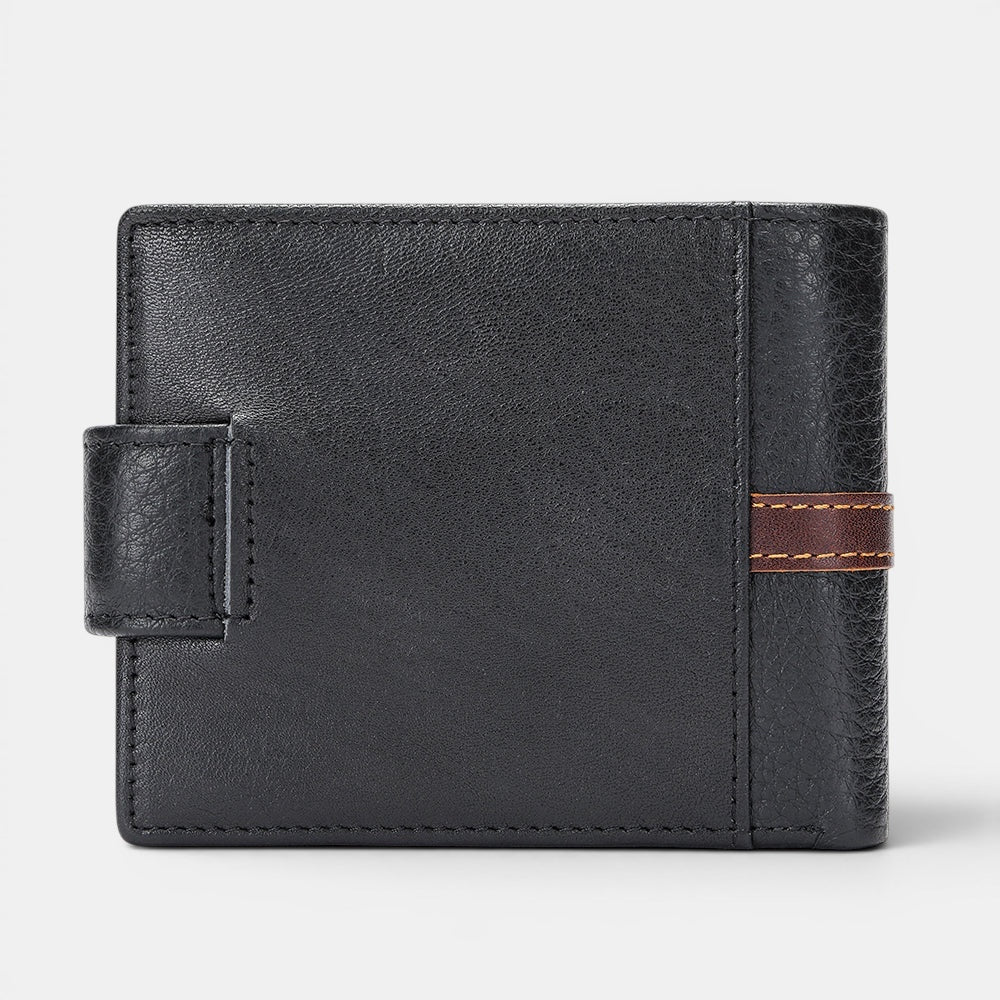 Barcon Getta Inc black full grain leather bifold wallet with brown accent strap and snap closure