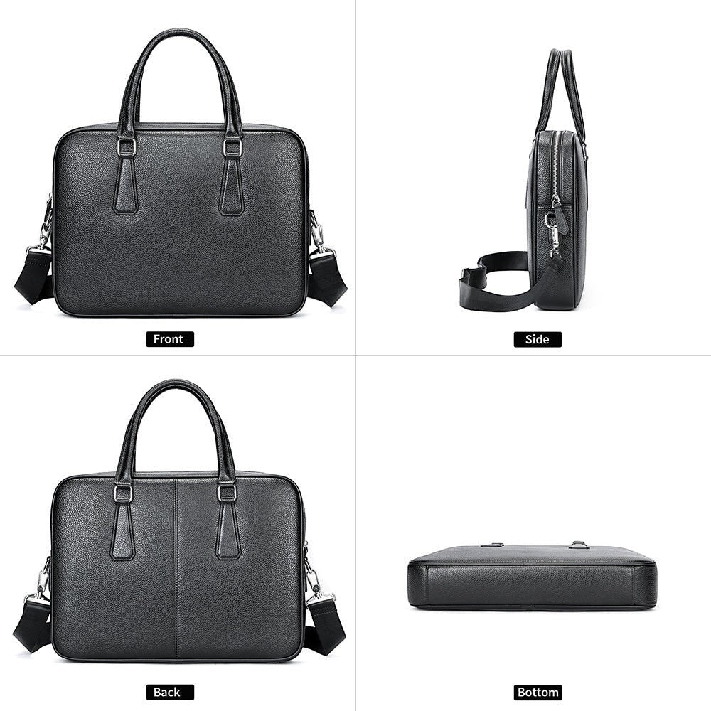 Barcon Getta Inc black genuine leather briefcase with top handles, adjustable strap, and laptop compartment.