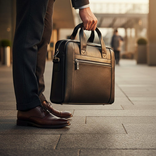 Barcon Getta Inc black pebbled leather briefcase with top handles, shoulder strap, and multiple zippered pockets. Fits up to 15" laptop.