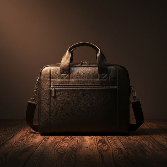 Barcon Getta Inc black pebbled leather briefcase with top handles and adjustable shoulder strap. Features multiple zip pockets and fits up to a 15" laptop.