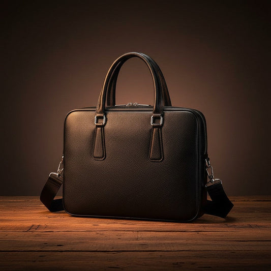 Barcon Getta Inc black genuine leather briefcase with top handles and detachable shoulder strap, fits up to 14" laptop.