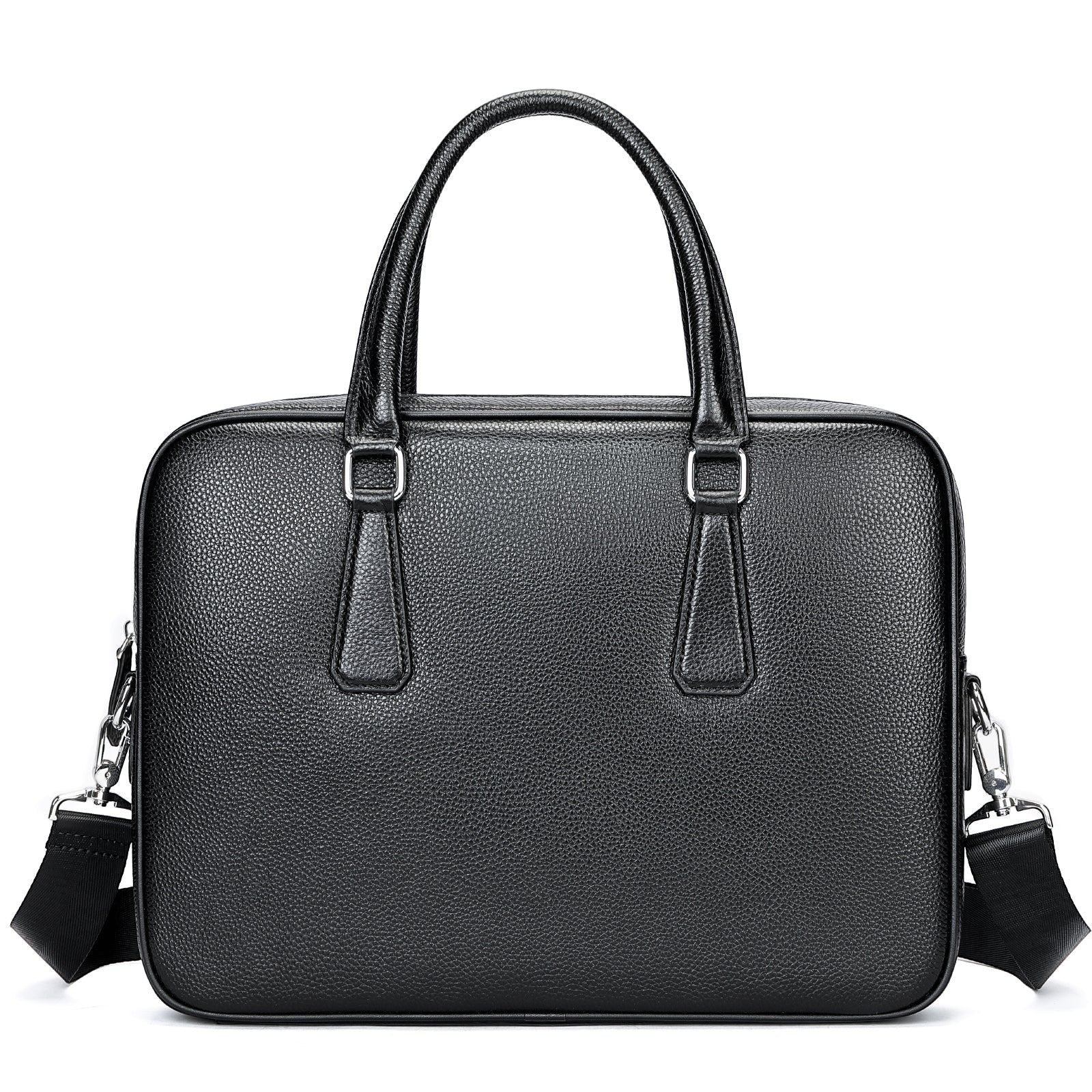 Barcon Getta Inc black genuine leather briefcase with top handles and detachable strap, fits up to 14" laptop.