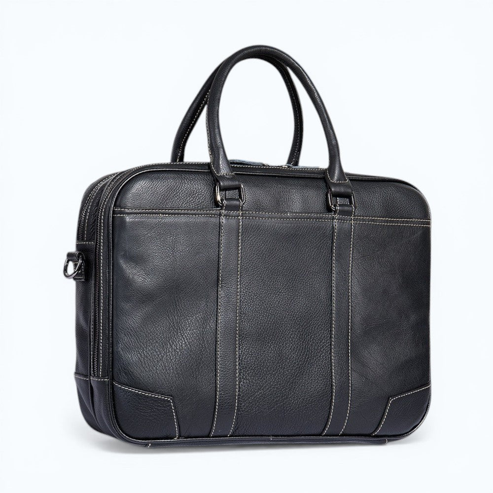 Barcon Getta Inc black Ethiopian leather briefcase with double zippers and contrast stitching. Fits up to 16" laptop.