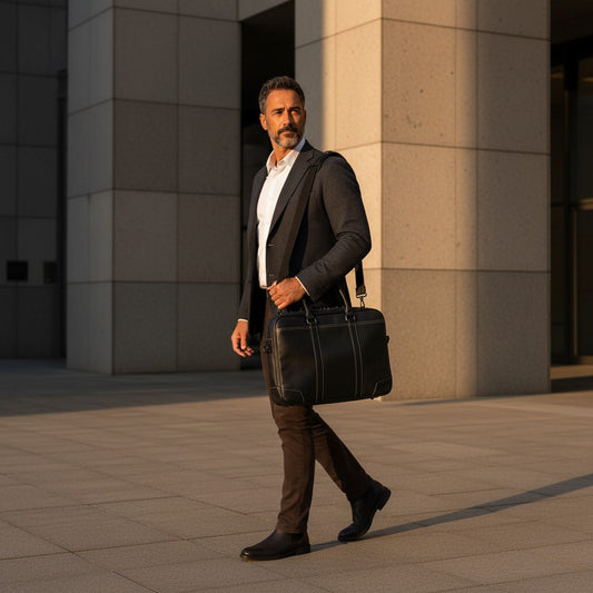 Barcon Getta Inc black Ethiopian leather briefcase with double zipper, top handles, and adjustable shoulder strap. Fits up to 16" laptop.