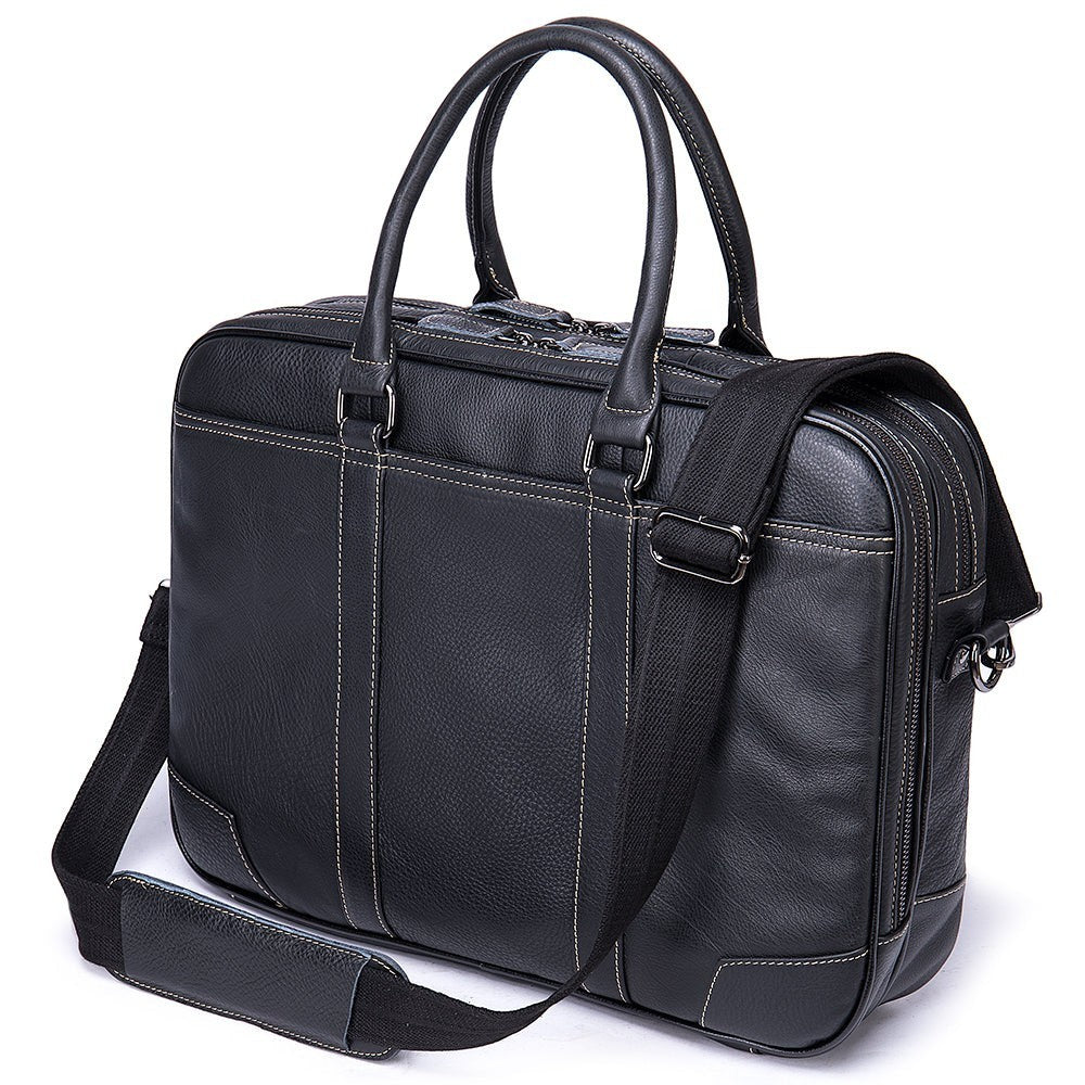 Barcon Getta Inc black Ethiopian leather briefcase with double zipper, top handles, and detachable shoulder strap. Fits up to 16" laptop.