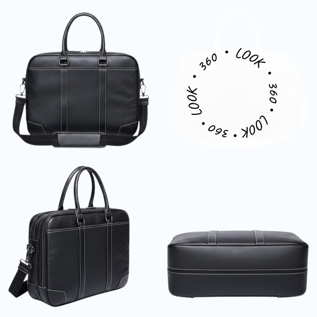 Barcon Getta Inc black leather briefcase with double zippers, white stitching, and detachable shoulder strap. Fits up to 16" laptop.