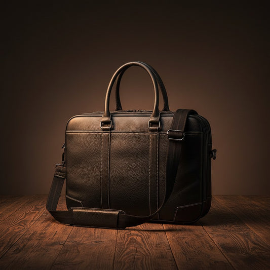 Barcon Getta Inc black Ethiopian leather briefcase with double zippers and contrast stitching. Fits up to 16" laptop.