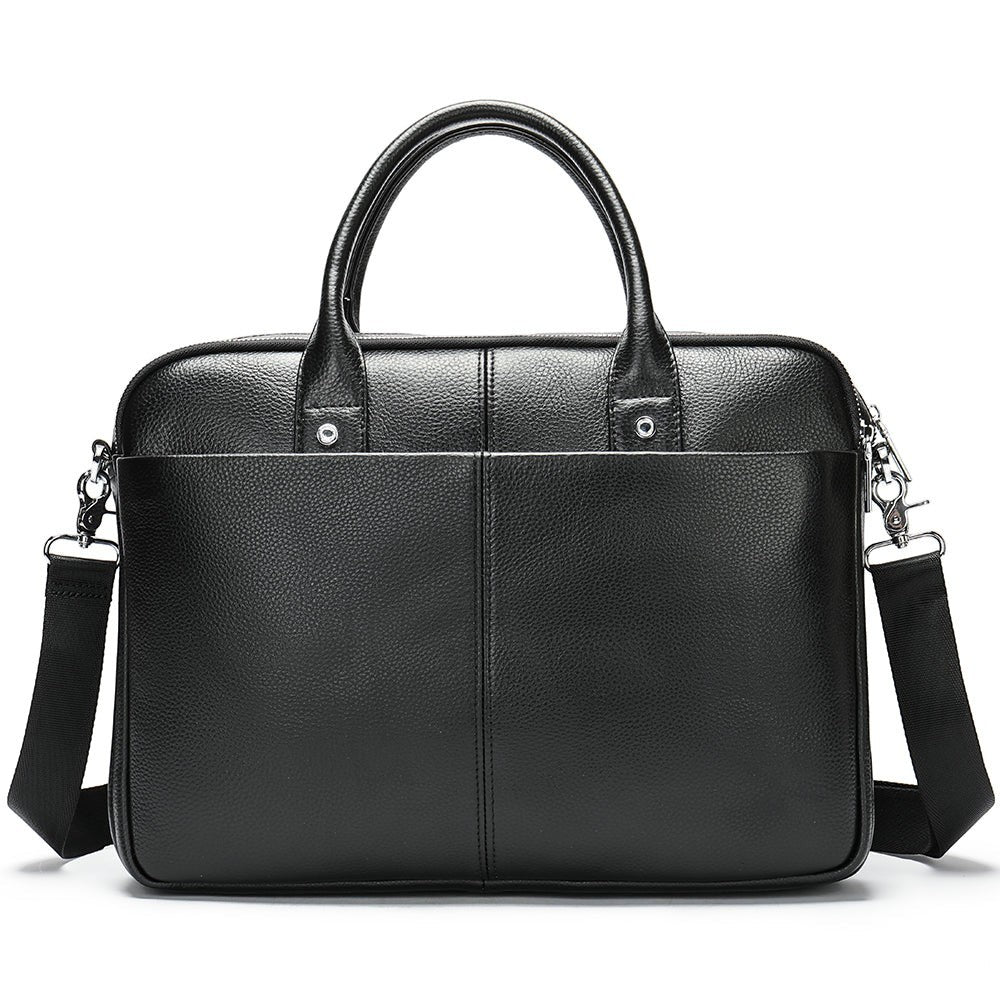Barcon Getta Inc black Ethiopian leather briefcase with top handles, adjustable strap, and multiple pockets. Fits up to 17" laptop.