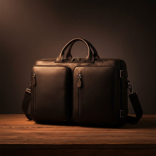 Barcon Getta Inc black leather briefcase with multiple pockets, top handles, and detachable shoulder strap. Fits up to 17" laptop.