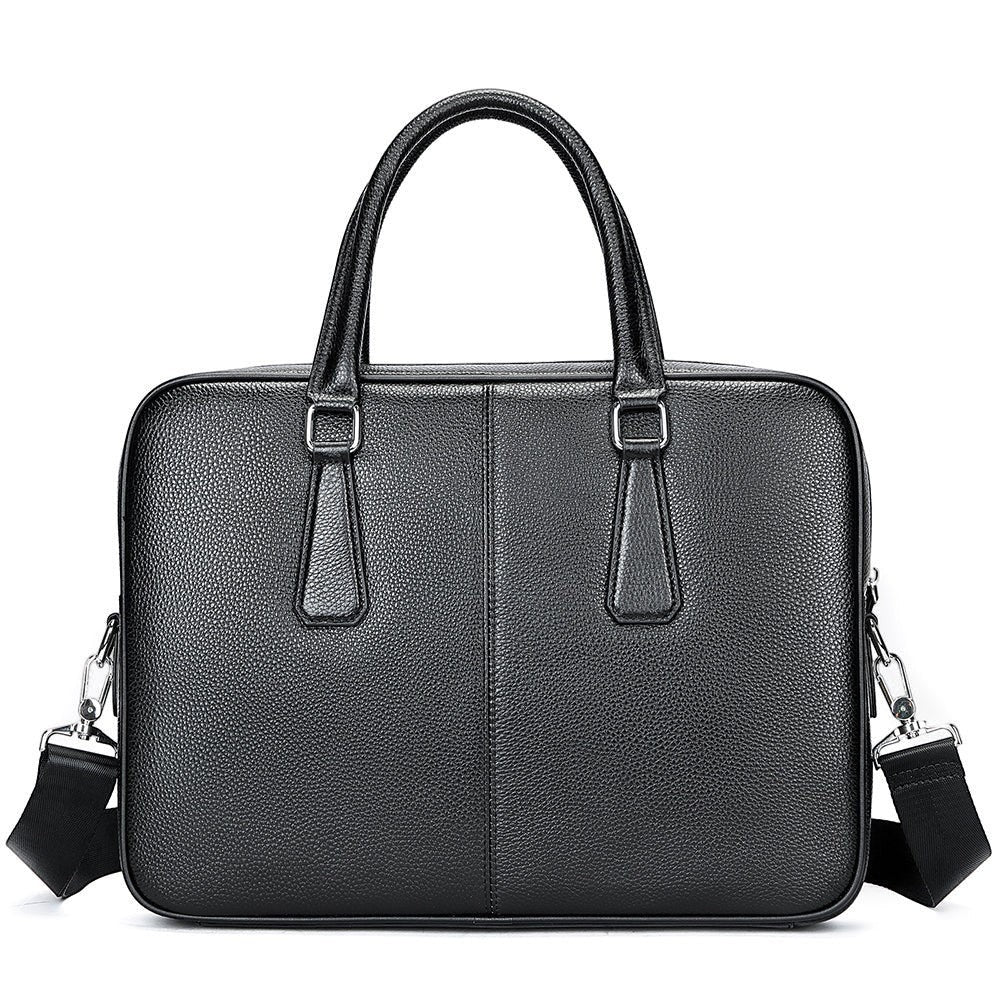 Barcon Getta Inc black genuine leather briefcase with top handles and detachable shoulder strap, fits up to 14" laptop.