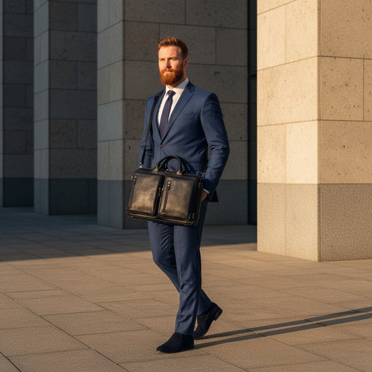 Barcon Getta Inc black leather briefcase with multiple pockets, top handles, and detachable shoulder strap. Fits up to 17" laptop.