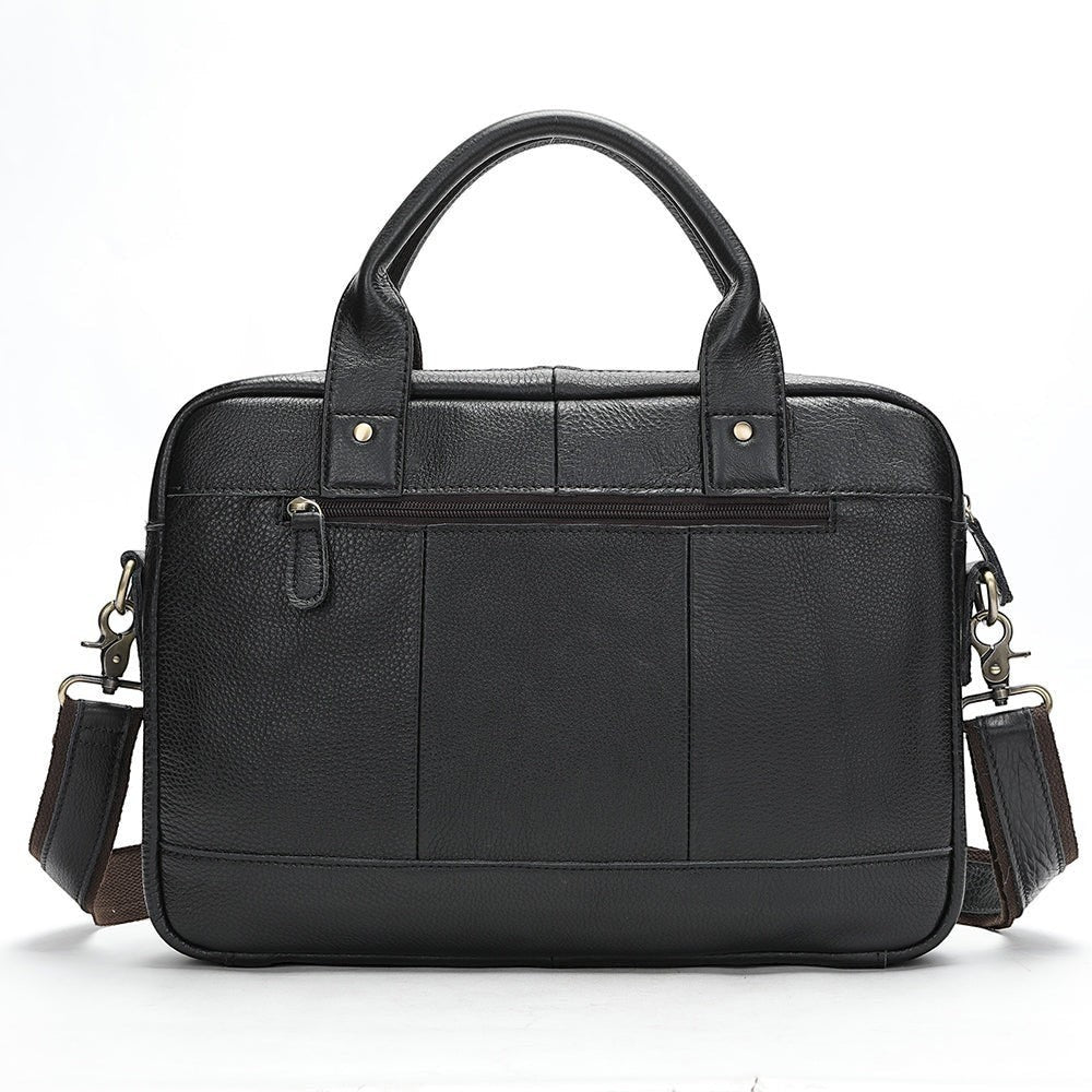 Barcon Getta Inc black leather briefcase LB-8002, handmade from Ethiopian leather, with multiple pockets and space for a 16" laptop.