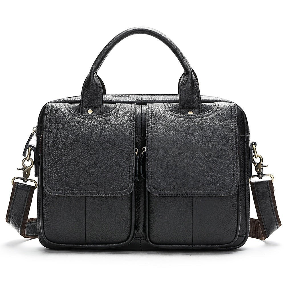 Barcon Getta Inc black full grain leather briefcase with dual front pockets, laptop compartment, and top handles.