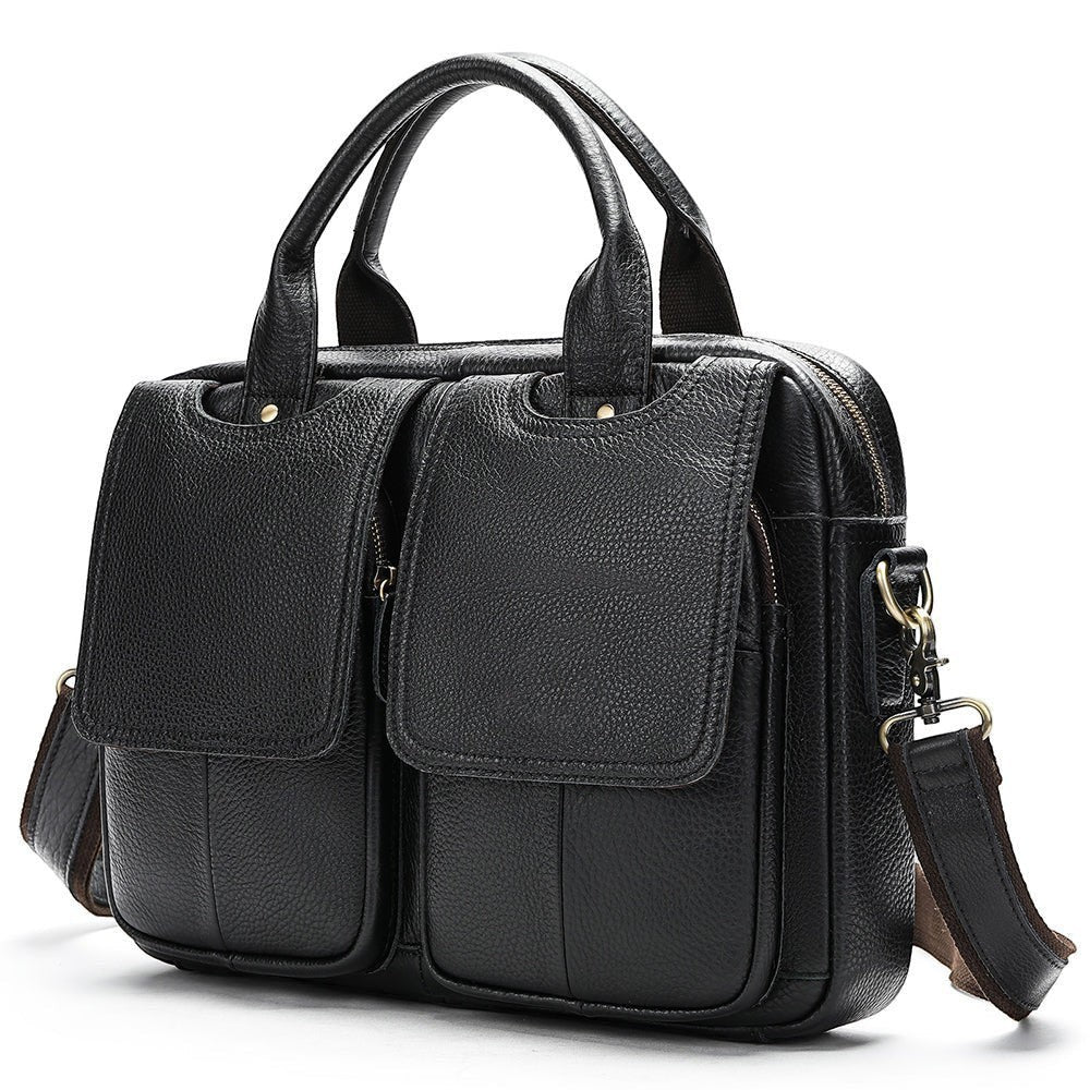 Barcon Getta Inc black leather briefcase with double front flap pockets and top handles. Fits up to 16" laptop.