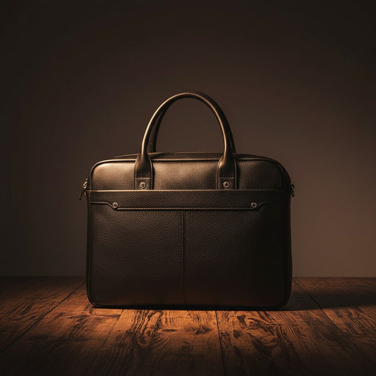Barcon Getta Inc black pebbled leather briefcase with top handles, external zip pocket, and internal compartments for up to 17" laptop.