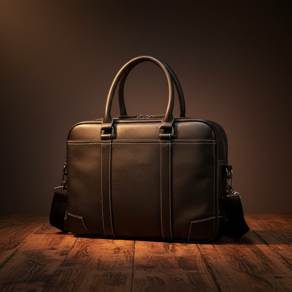Barcon Getta Inc black Ethiopian leather briefcase with contrast stitching, top handles, and detachable strap. Fits up to 16" laptop.