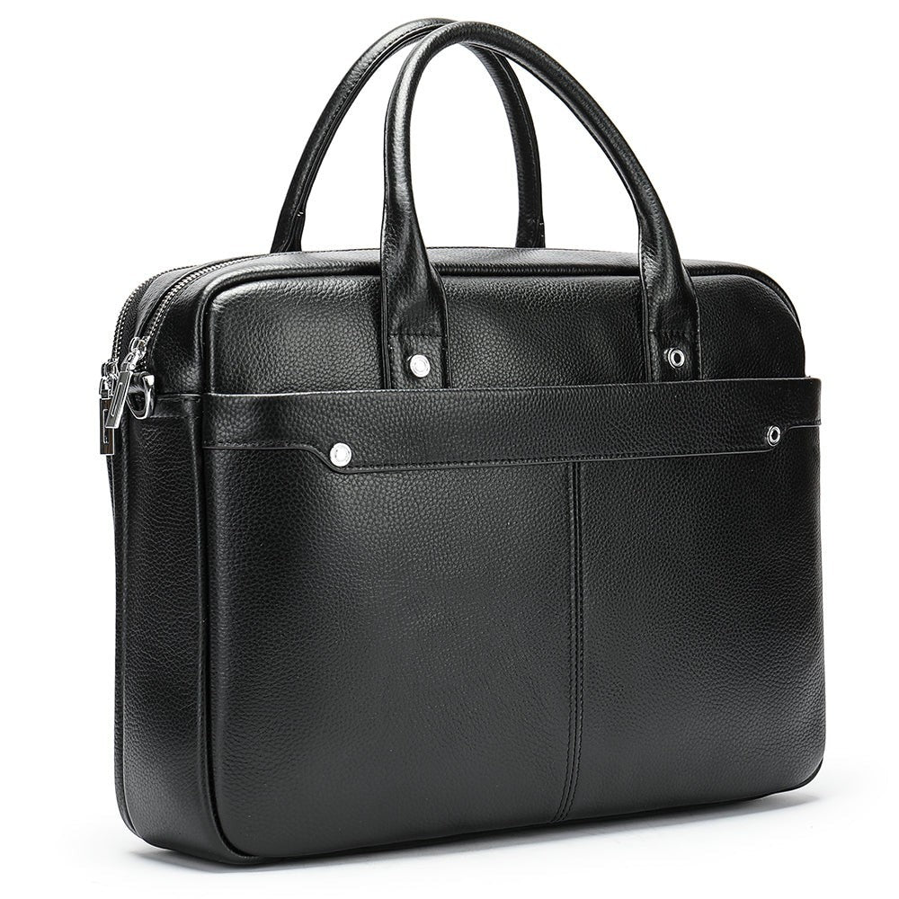 Barcon Getta Inc black textured leather briefcase with top handles and exterior pocket.