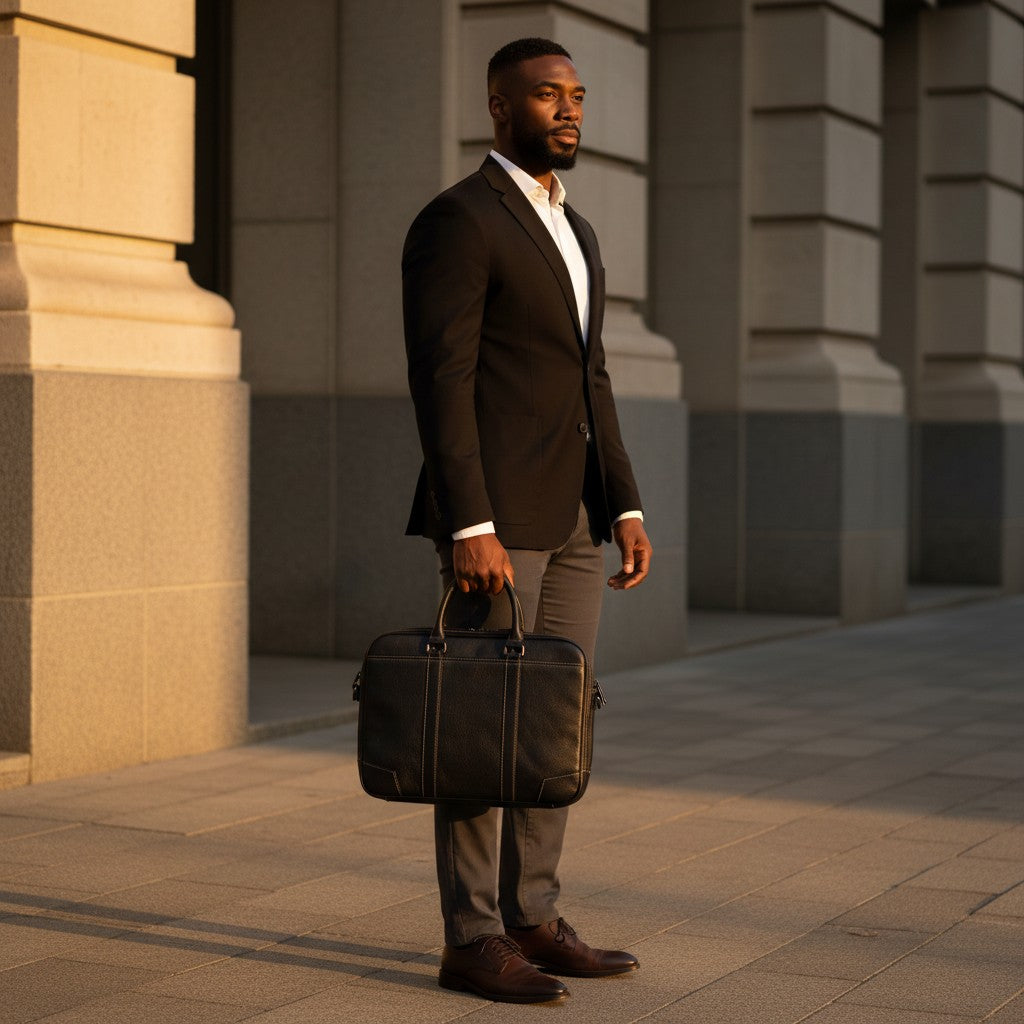 Barcon Getta Inc black Ethiopian leather briefcase with contrast stitching, fits up to 16" laptop.