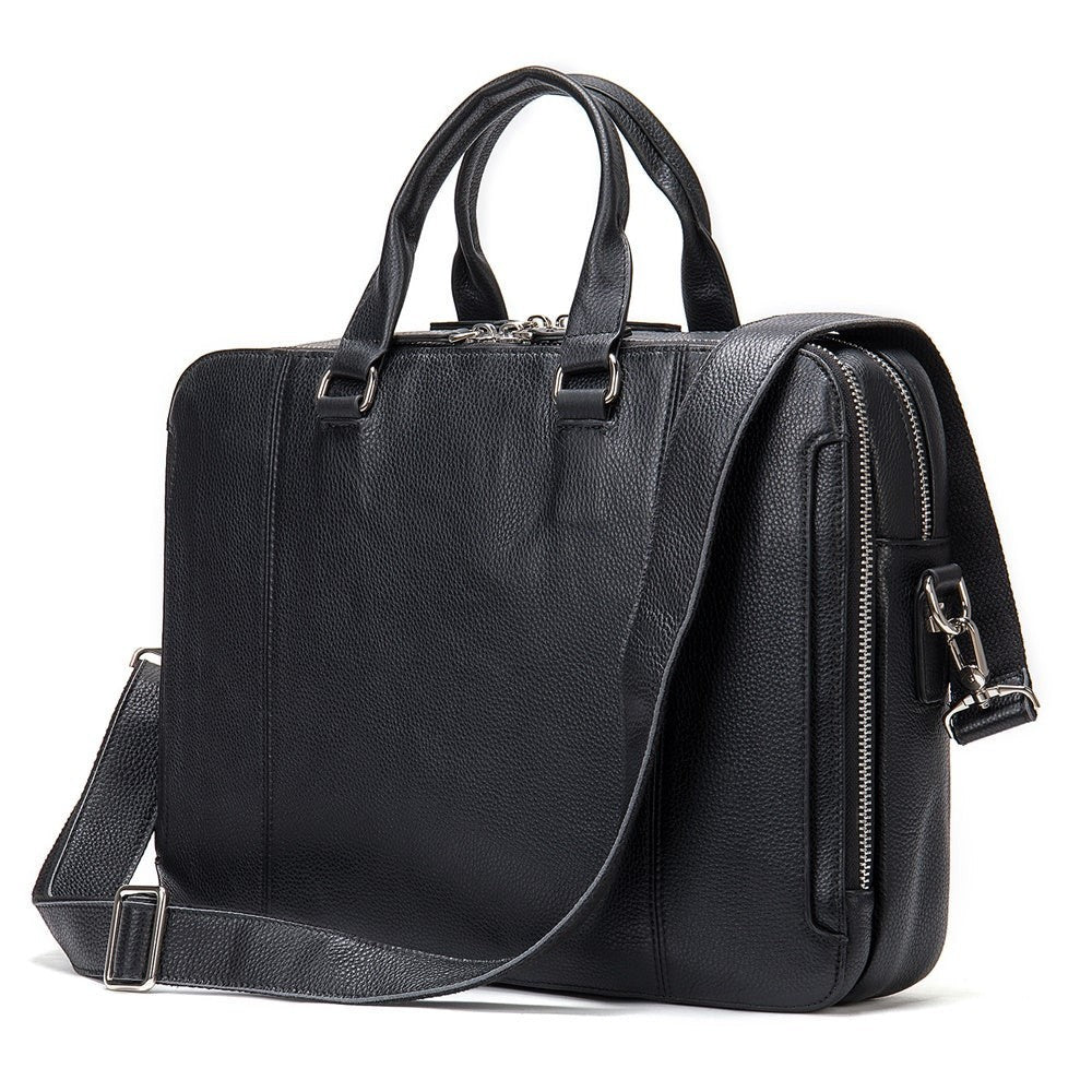 Barcon Getta Inc black Ethiopian leather briefcase with multiple compartments and shoulder strap, fits up to 17" laptop.