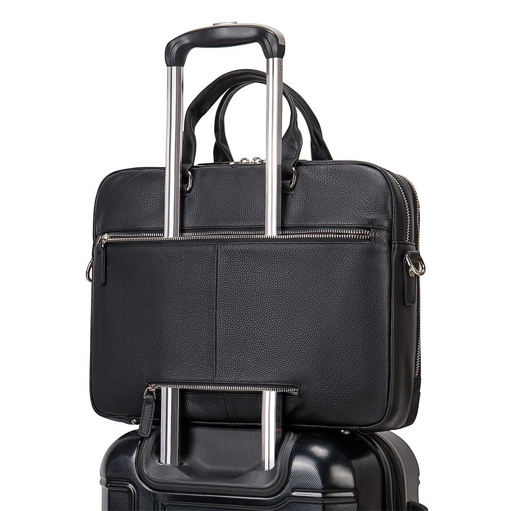 Barcon Getta Inc black Ethiopian leather briefcase with trolley strap and multiple pockets, fits up to 17" laptop.