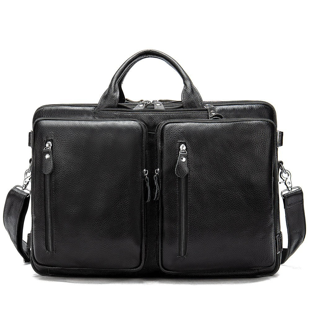 Barcon Getta Inc black textured leather briefcase with dual compartments and front zippered pockets.