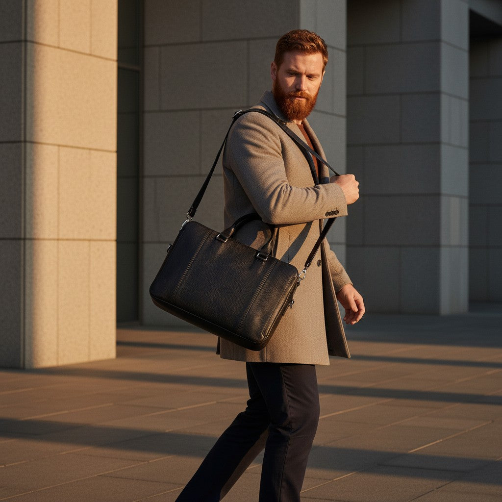 Barcon Getta Inc black Ethiopian leather briefcase with multiple pockets and shoulder strap, fits up to 17" laptop.