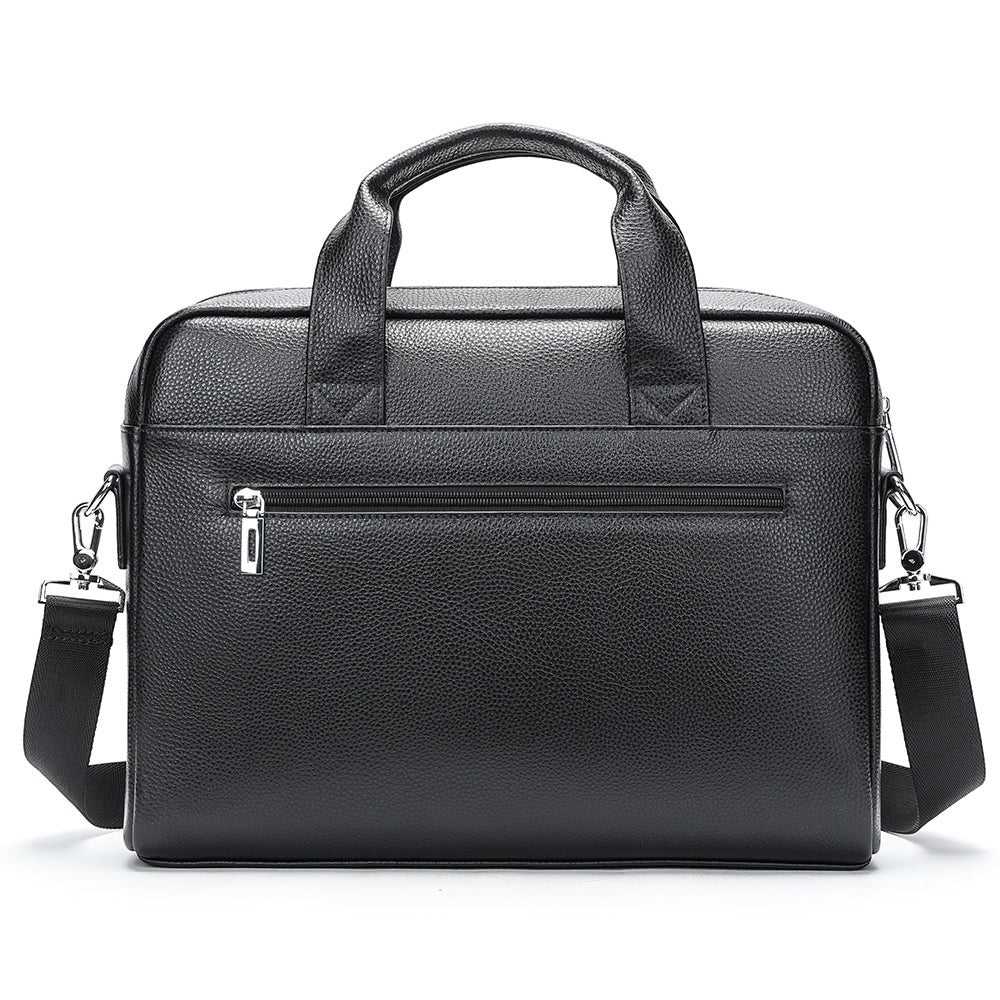Barcon Getta Inc black pebbled leather briefcase with top handles and detachable shoulder strap. Fits up to 15" laptop.