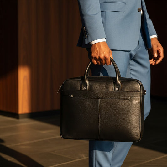 Barcon Getta Inc black pebbled leather briefcase with top handles, multiple pockets, and space for a 17" laptop.