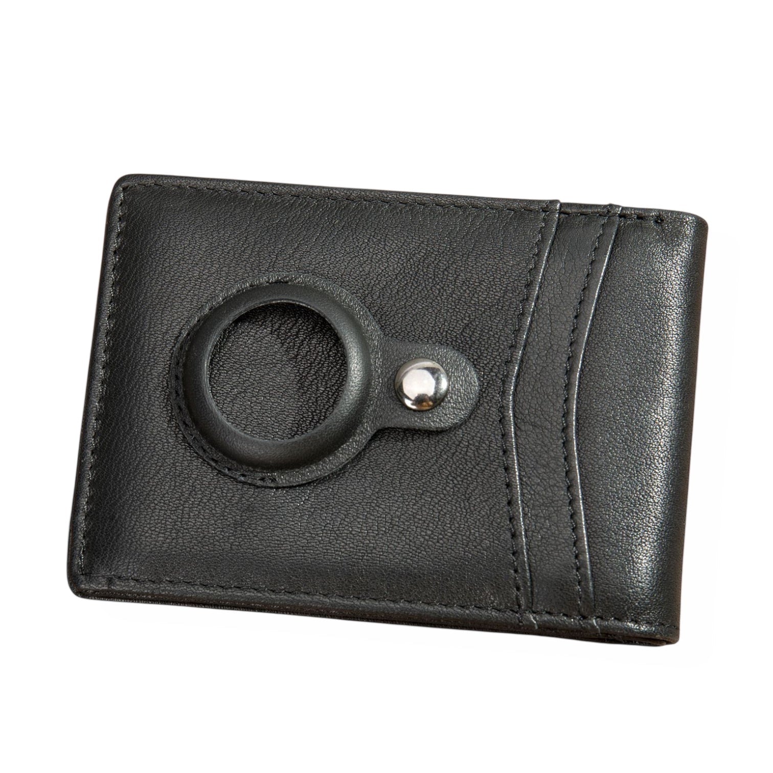 Barcon Getta Inc black full grain leather compact card holder with 8 card slots, 1 bill strap, and 1 Air Tag slot.
