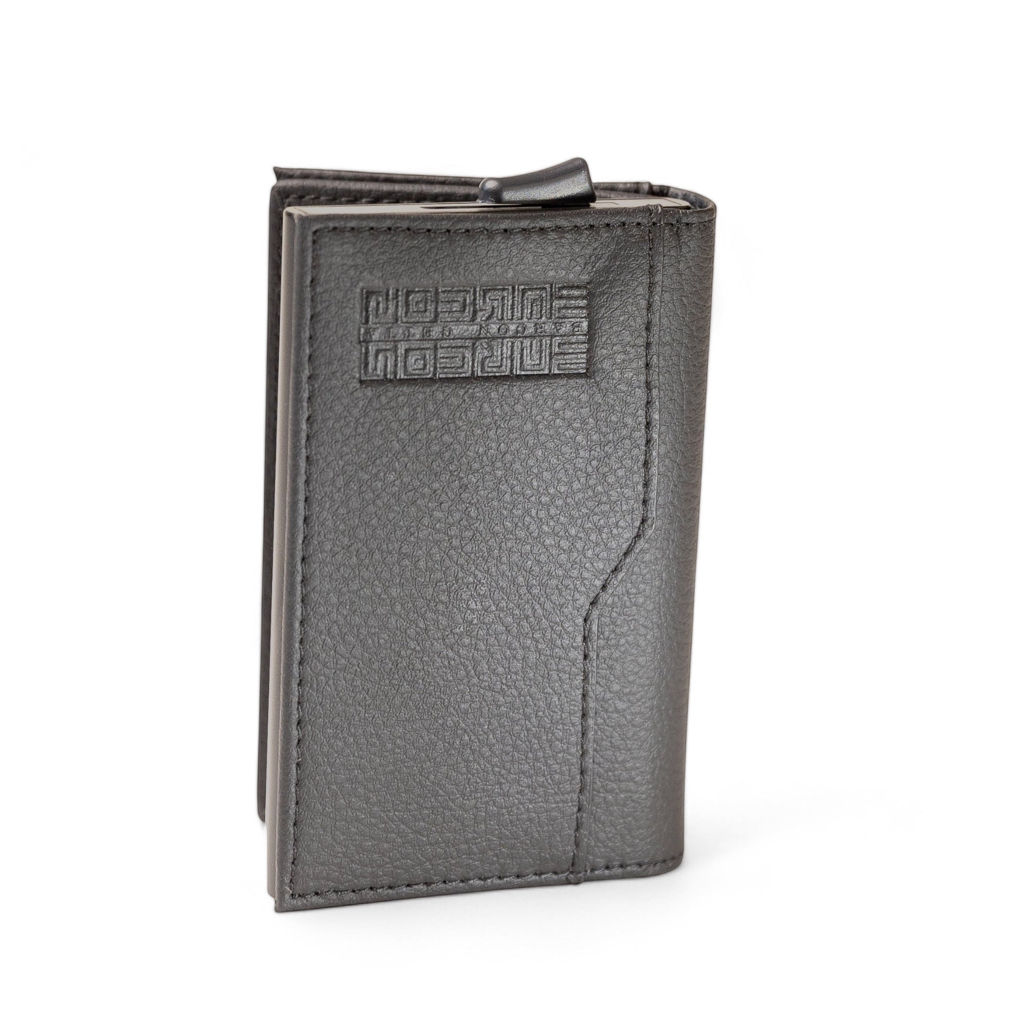 Barcon Getta Inc black full grain leather minimalist card holder wallet with 5 card capacity and 3 slots.