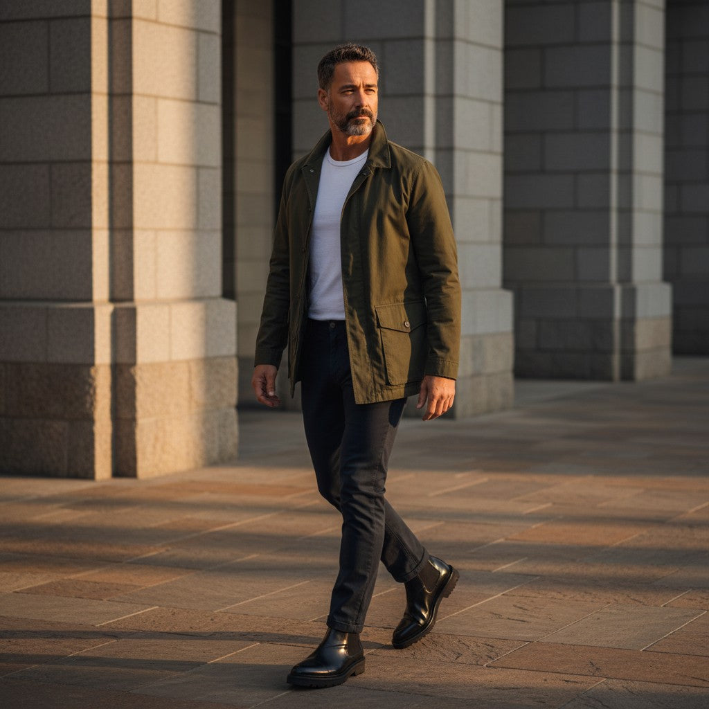 Barcon Getta Inc black leather Chelsea boots with elastic side panels, cap toe, and lug sole.