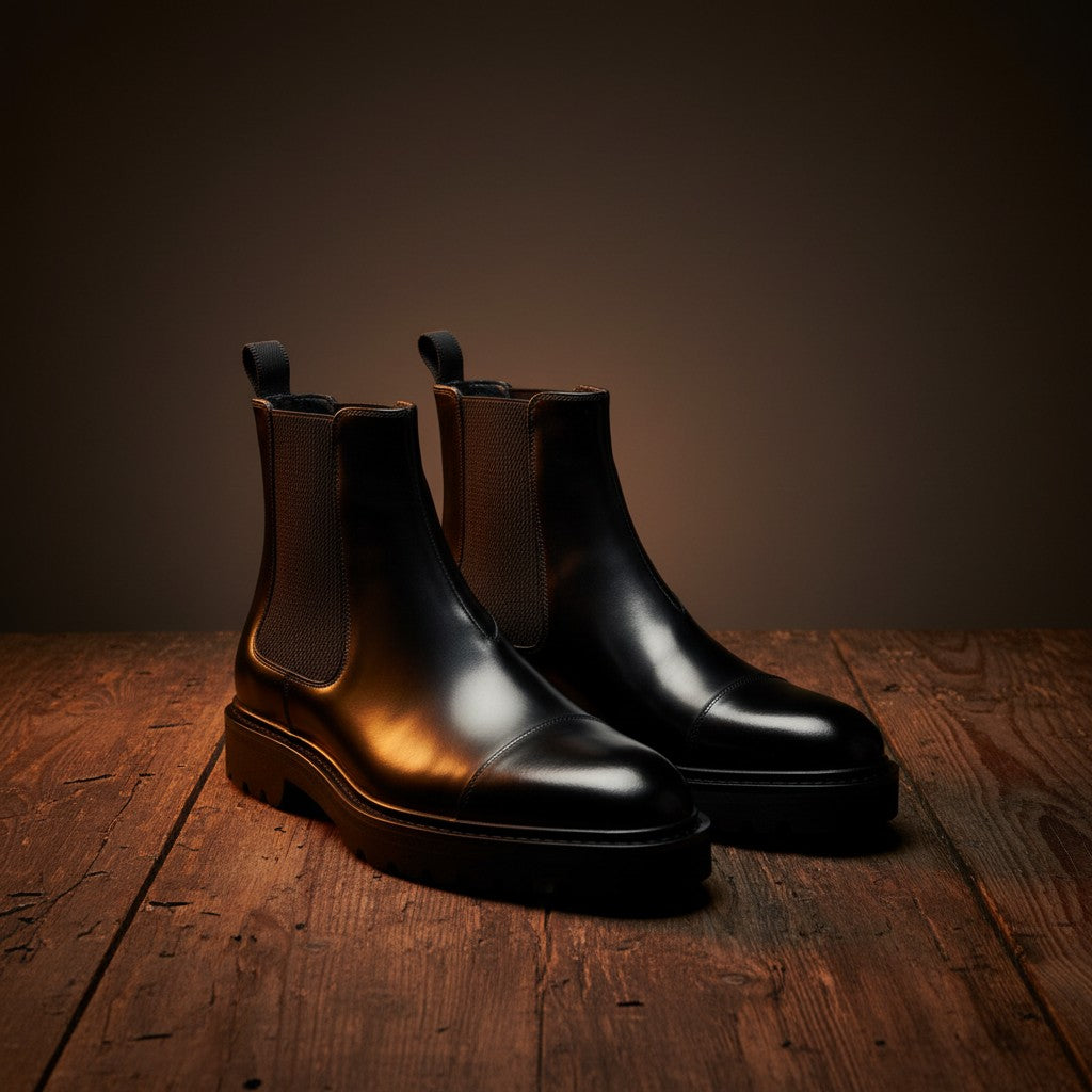 Barcon Getta Inc black leather Chelsea boots with elastic side panels and lug sole.