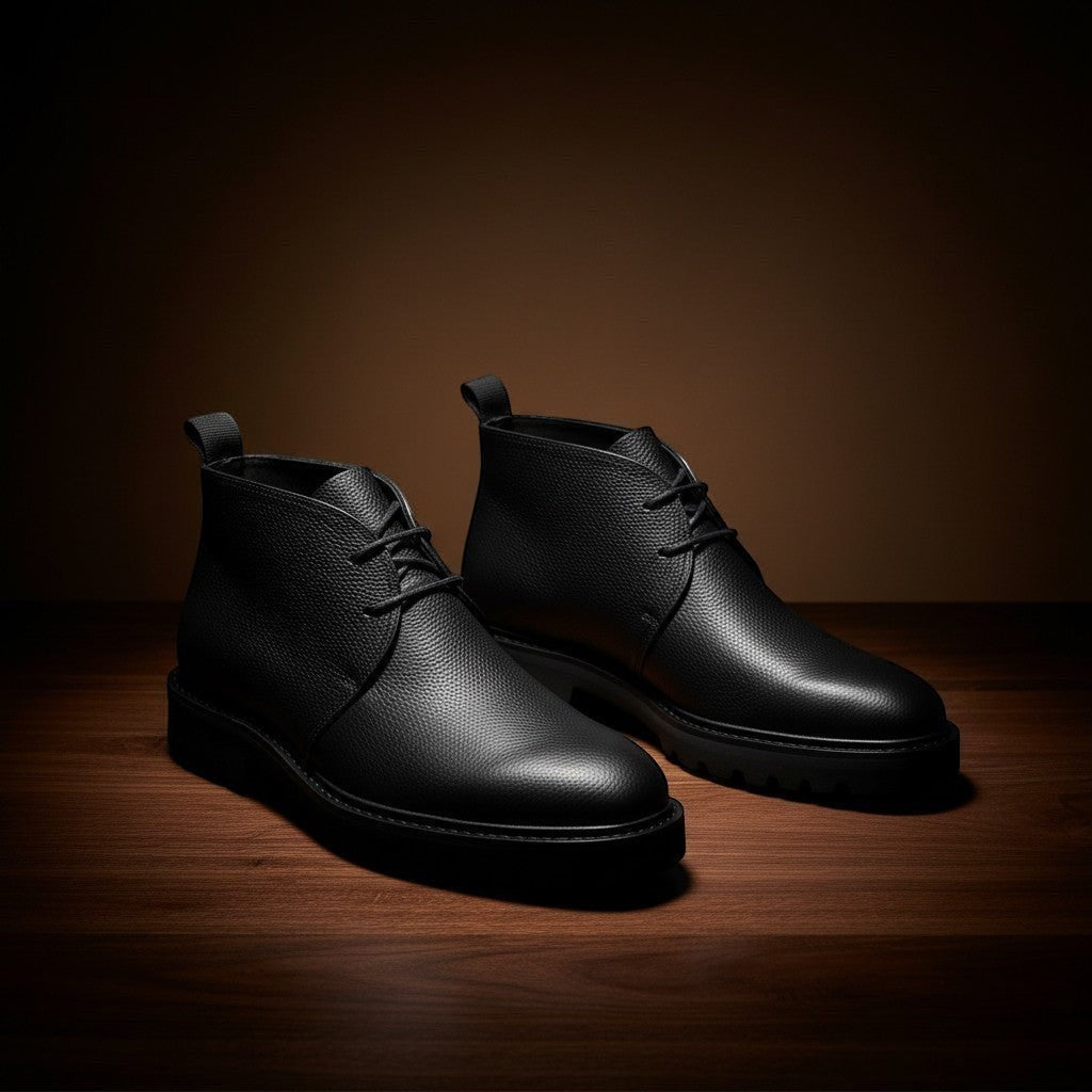 Barcon Getta Inc black textured leather chukka boots with lace-up closure and lug sole.