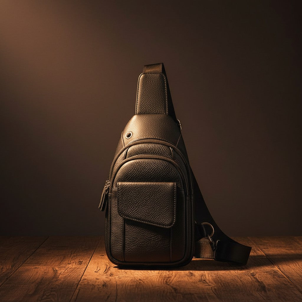 Barcon Getta Inc black genuine leather cross-body bag with adjustable strap and multiple pockets.