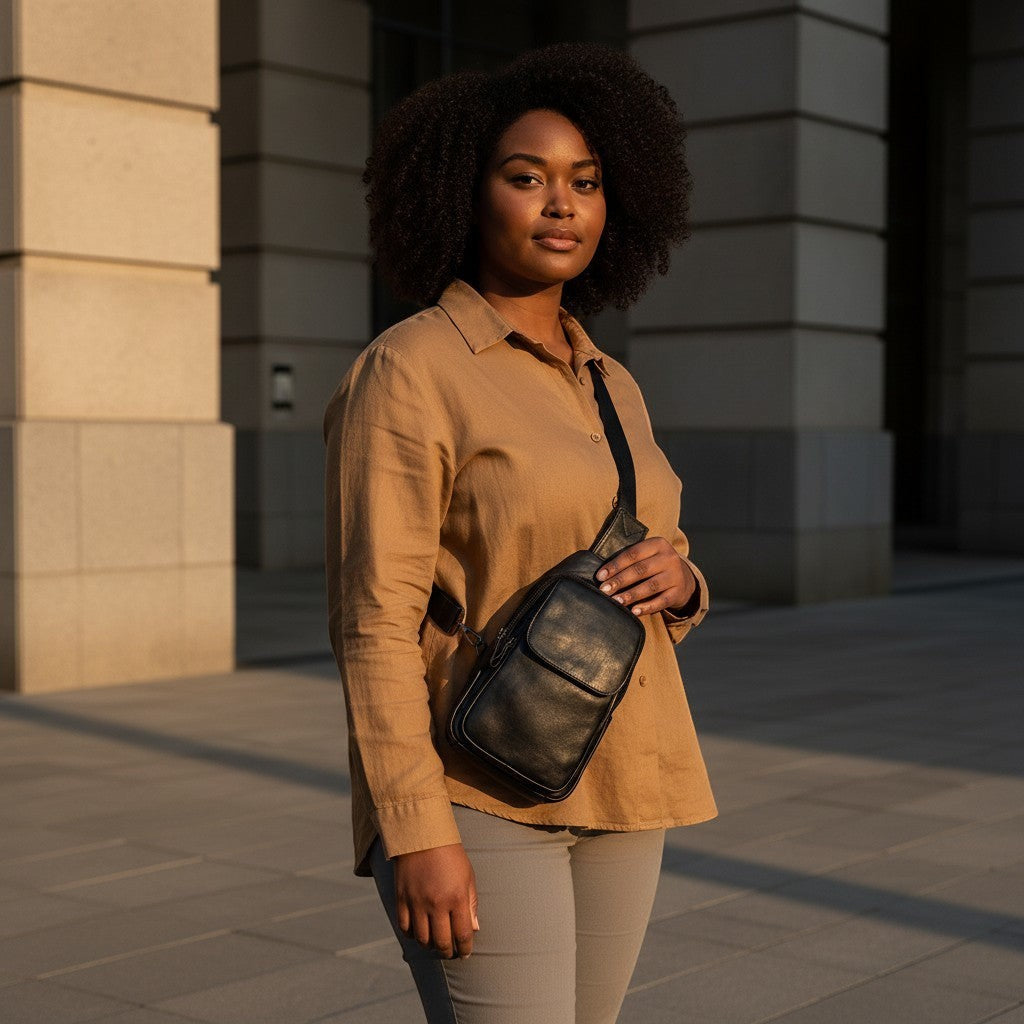 Barcon Getta Inc black genuine cowhide leather crossbody bag with adjustable strap and multiple compartments.