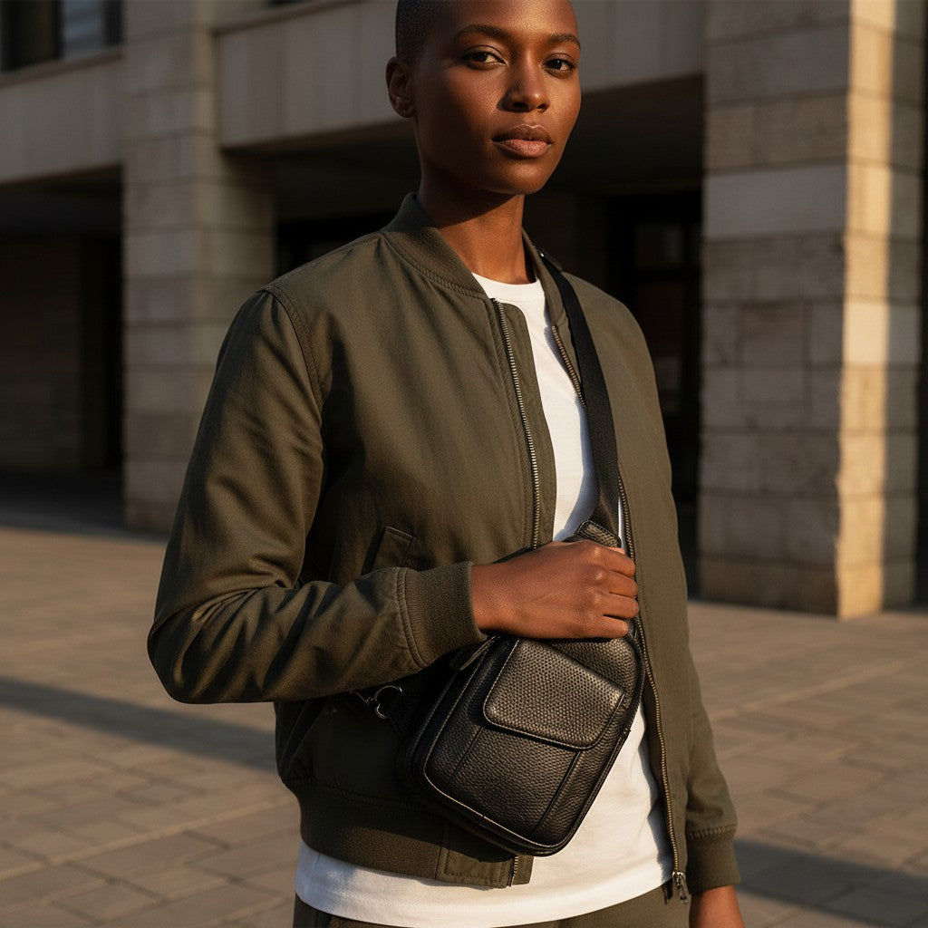 Barcon Getta Inc black genuine leather crossbody bag with adjustable strap and multiple pockets.