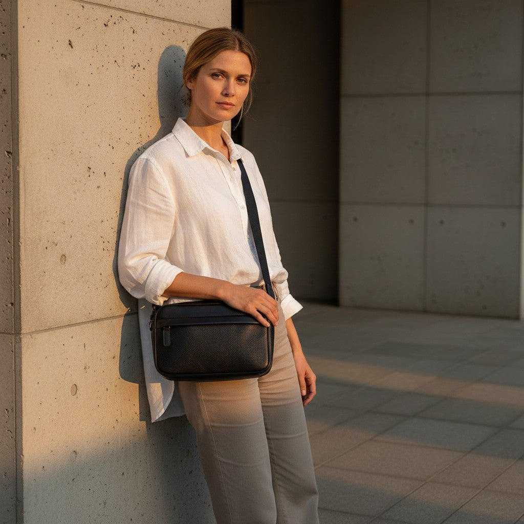 Barcon Getta Inc black full grain Ethiopian leather crossbody bag with front and back zipper pockets.