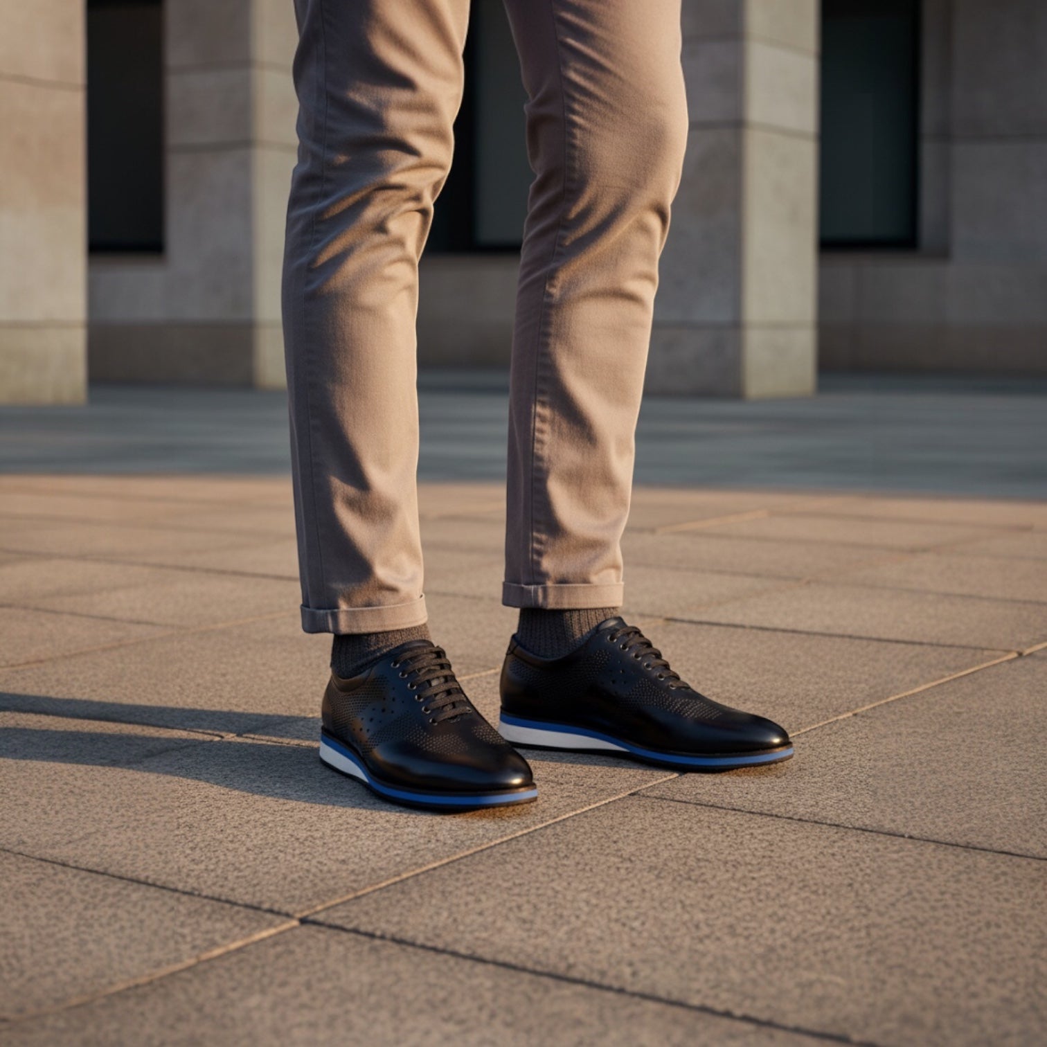 Barcon Getta Inc black full grain leather dress shoes with perforated details and blue stripe midsole