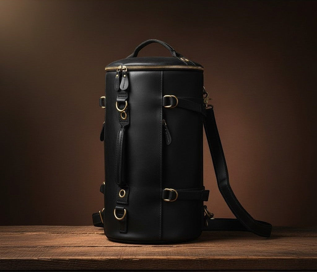 Barcon Getta The Continental Duffel – Black –East African Full Grain Leather Studio Shot
 Convertible Backpack Carry Mode -  Studio Shot