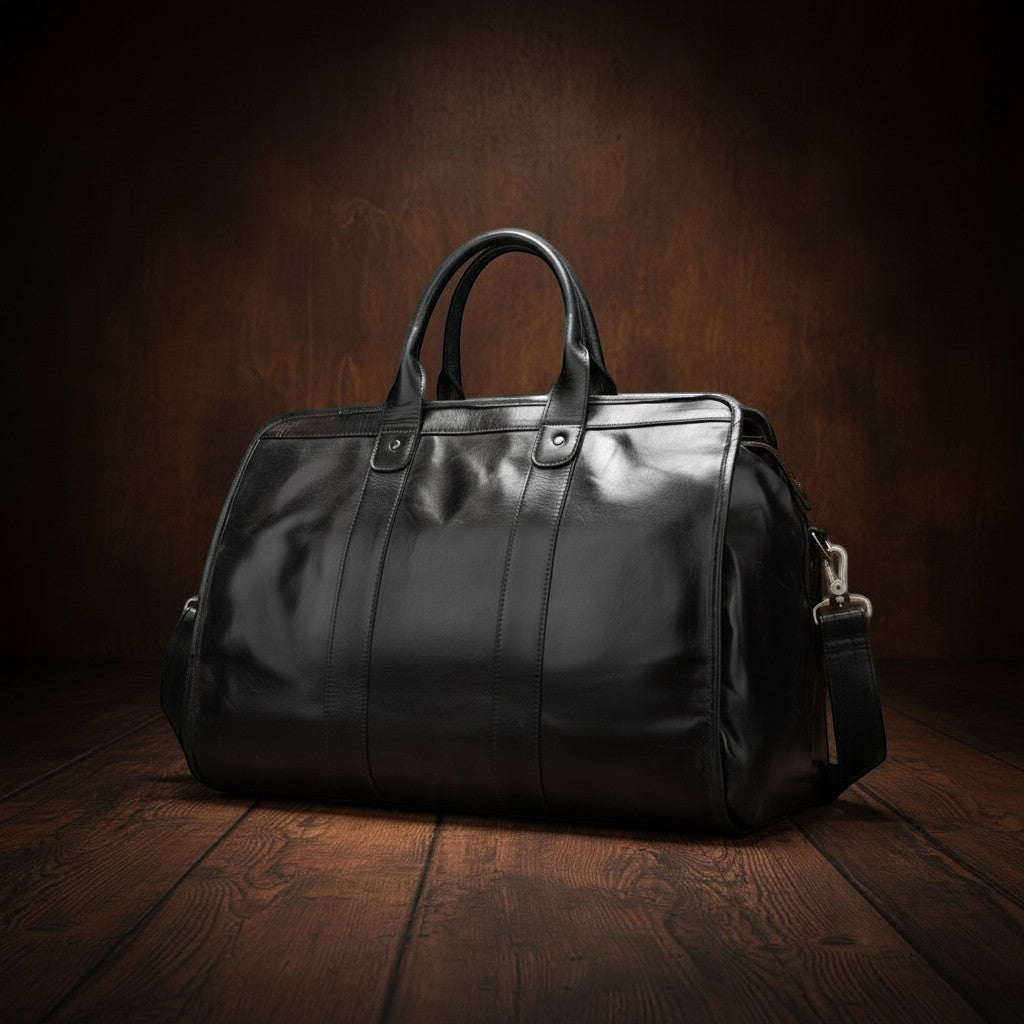 Barcon Getta Inc The Diplomat Duffel, black full grain leather travel bag with comfortable handles and detachable strap.