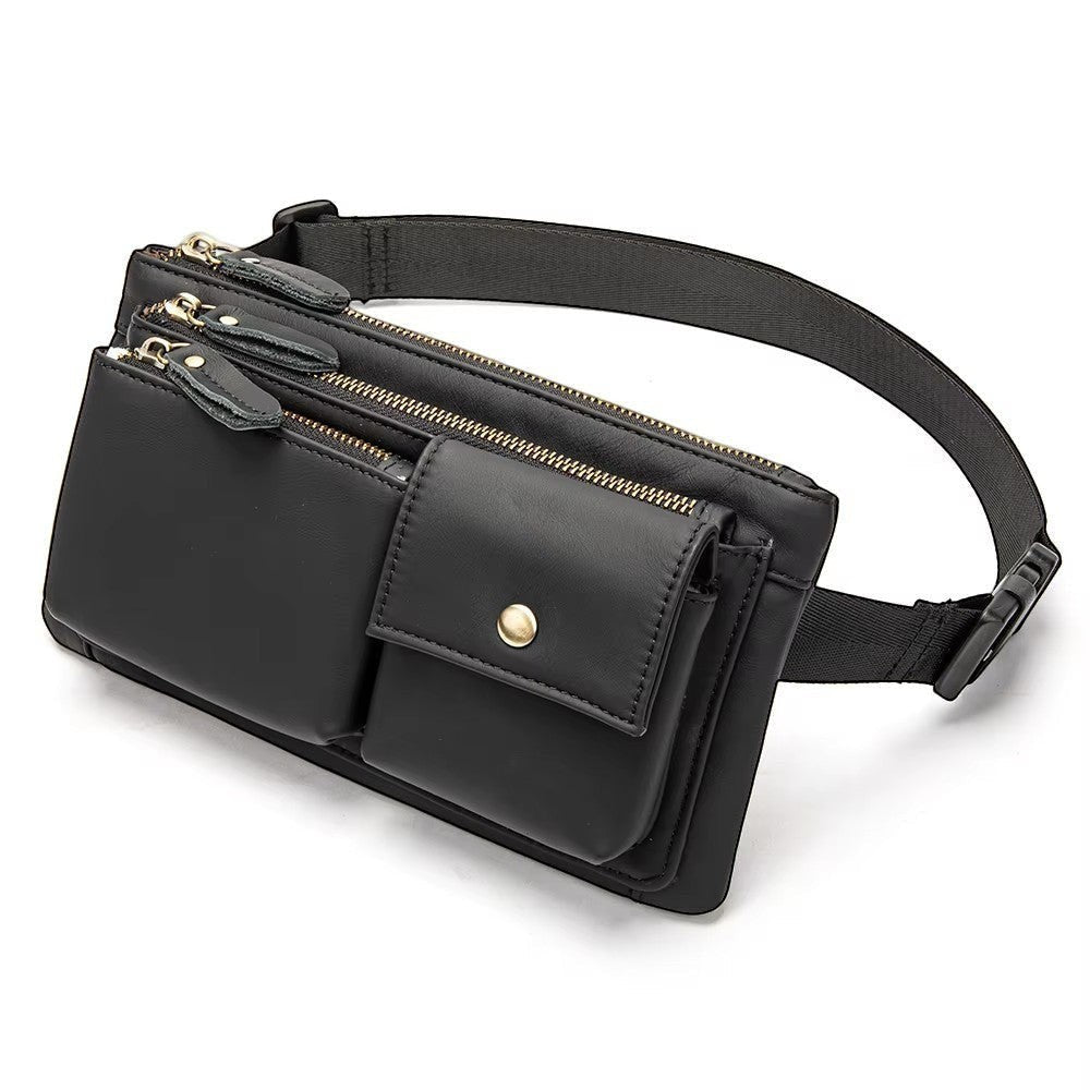 Barcon Getta Inc black Ethiopian leather fanny bag with multiple zipper pockets and a snap-button flap pocket.